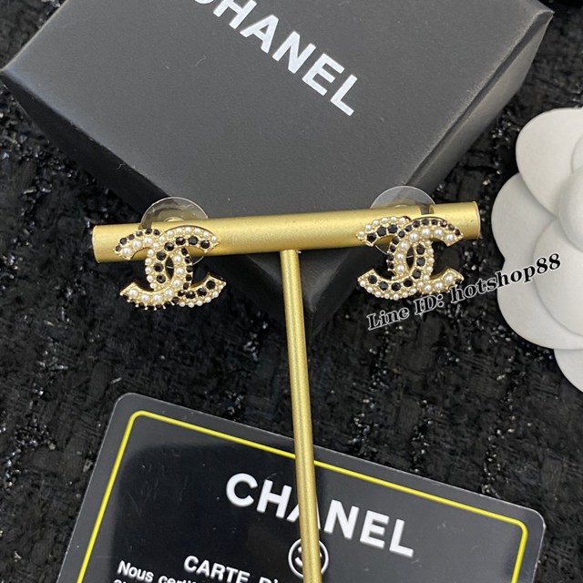 Chanel專櫃新款飾品耳吊 香奈兒雙c logo鑲滿黑色水鑽耳環耳釘 zgb1800